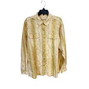 Tommy Bahama Mens XL Long Sleeve Button-Down Shirt Beige Leaf Print Shadow Strip